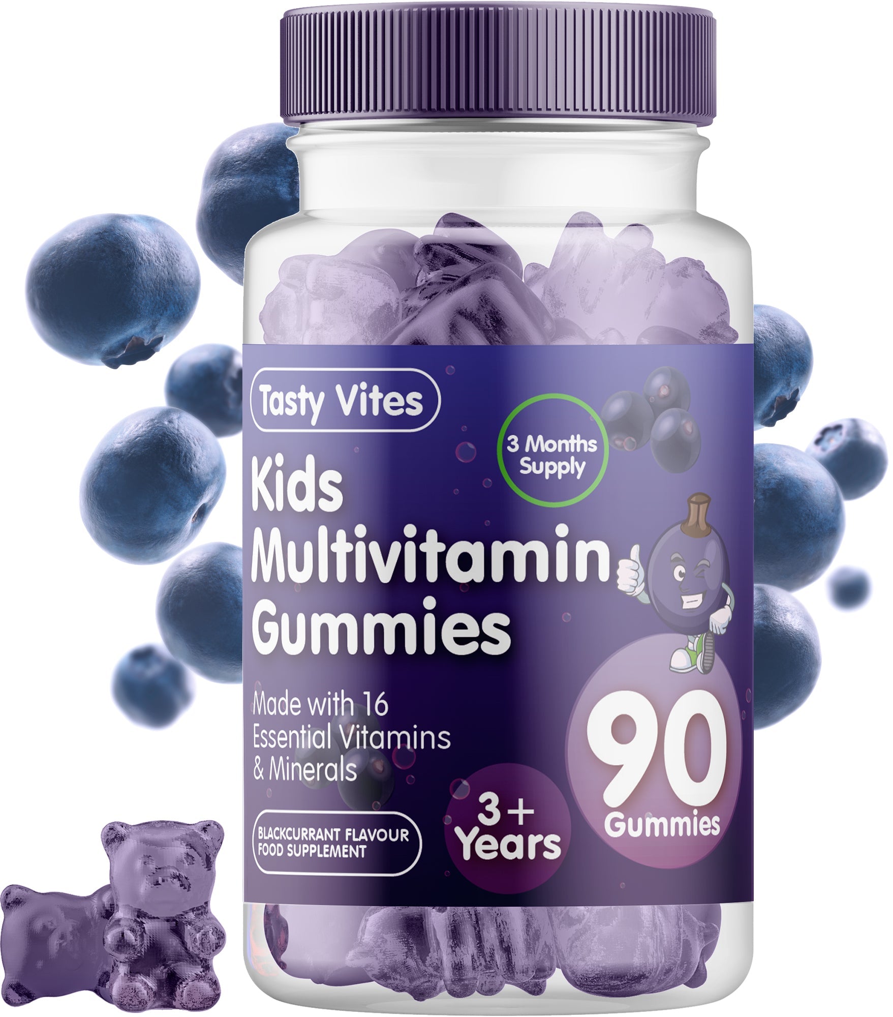 Kids Multivitamin Gummies - Blackcurrant Flavour - With Vitamin A, C, D3, B6, B12, E, K, Biotin, Zinc & more